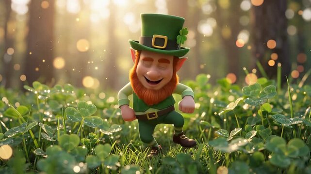 A cheerful 3d leprechaun character dancing in a sunlit clover field. Magical atmosphere with golden sparkles, sun rays, and soft bokeh in a lush forest background.