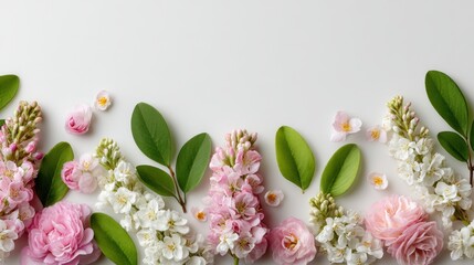 Assorted spring flowers and green leaves arranged along the bottom edge on a white background for greeting card designs
