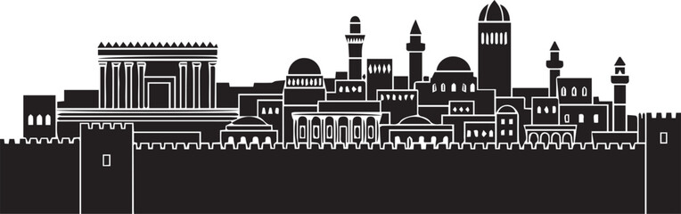 Jerusalem skyline panoramic view ancient city wall religious buildings domes minarets outline vector silhouette illustration © MDRAYHAN