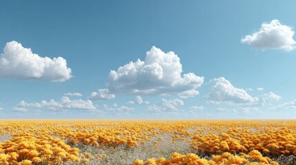 Spring wildflower field with a bright blue sky and soft clouds in daylight for advertising space