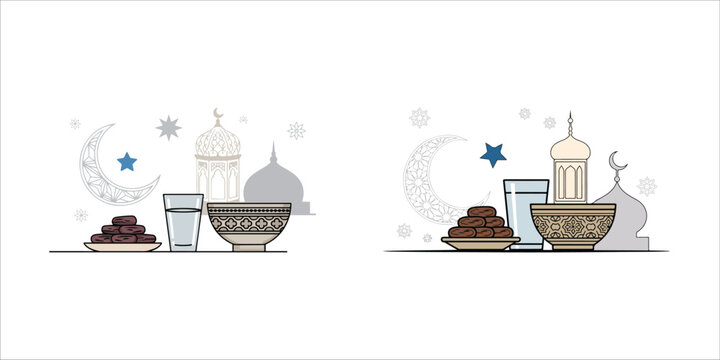 Arabic coffee and dates vector illustration, set of traditional ramadan food and drink