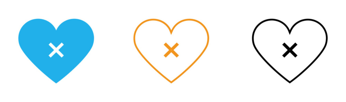 Rejected heart icons in blue orange and black