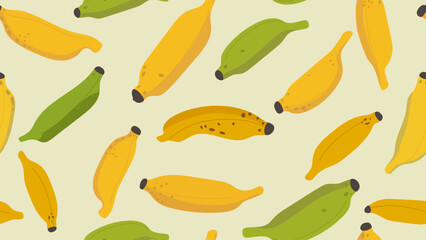 Seamless pattern of hand drawn yellow and green bananas on beige background. Tropical fruit seamless wallpaper