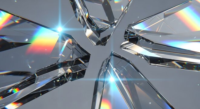 Close-up of fractured crystal pieces with dazzling light reflections.