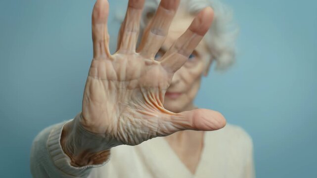 Senior woman showing stop gesture with her hand, looking at camera with serious expression on blue background