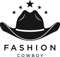 Title: Minimalist black and white fashion cowboy logo featuring a classic western hat surrounded by five stars and bold modern typography.