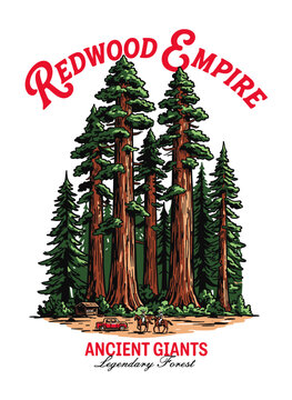 Vintage Redwood Empire forest scene with cowboys and old car, hand drawn vector illustration for t-shirt design or travel badge.