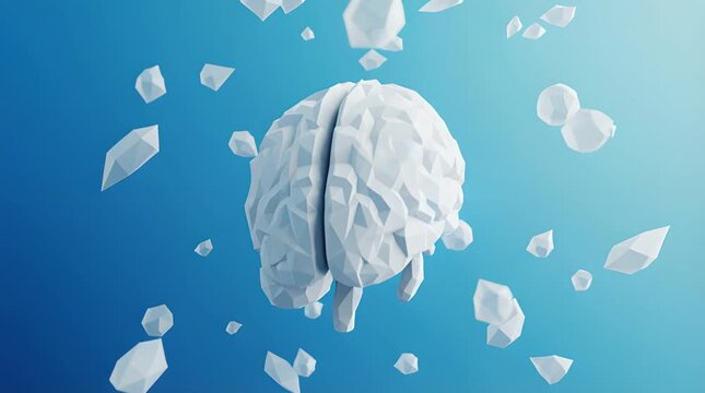 Abstract White Brain Surrounded by Geometric Shapes Against Gradient Blue Background with Soft Lighting and Geometric Style