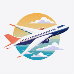 Fototapeta premium Dynamic illustration of a passenger plane in mid-flight above clouds, capturing the spirit of exploration and global connection