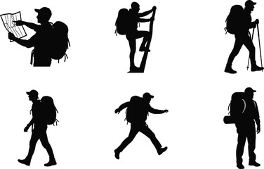 Obraz premium Set of hiker silhouettes with backpacks reading map climbing ladder walking with trekking poles jumping and standing in outdoor nature adventure
