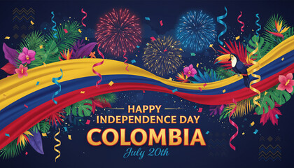 Happy Colombian Independence Day Celebration with Flags, Fireworks, and Tropical Flowers