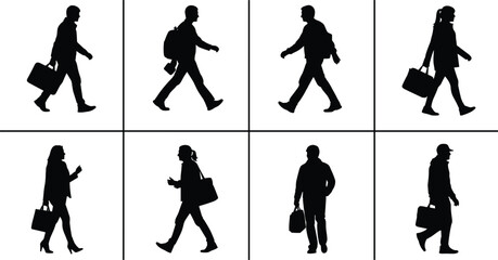Obraz premium Set of diverse pedestrian silhouettes walking with briefcases backpacks and handbags for urban commute business travel and city lifestyle concept illustrations