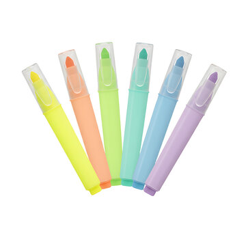 Set of six colorful pastel highlighters in a fan shape, essential stationery and school supplies for students and professionals seeking vibrant office tools for creative organization.