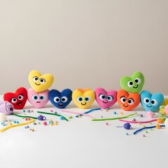 Fototapeta premium Colorful assortment of cute heart shaped toys with expressive faces arranged in a row on a white surface with confetti