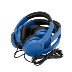Professional blue wired headphones featuring black padded ear cushions and a standard 3.5mm audio jack, ideal for immersive music listening, gaming, or studio audio equipment setups.