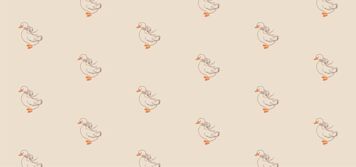 Set of cute trend illustrations of hand drawn goose sketch. Easter theme, duck pattern. For a greeting card, wrapping paper, invitation. Trendy pattern with cute white gooses. Seamless geese pattern © Ju
