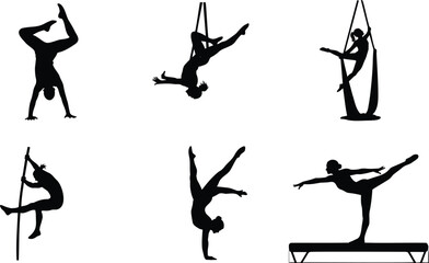 Black Vector Silhouette Illustrations of Gymnasts and Aerial Artists Performing Acrobatic Poses Handstands and Silk Routines for Fitness Gym and Circus Branding