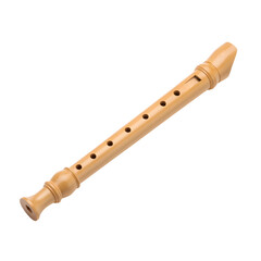 Traditional wooden recorder musical instrument isolated on white, featuring a smooth light brown wood finish with precise finger holes and a classic woodwind design for students and hobbyists.
