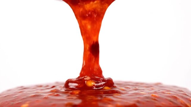 Close-up view of thick, red, chunky sauce pouring and cascading onto a pile