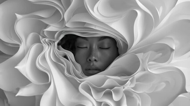 Artistic black and white portrait of a beautiful woman emerging from the center of a giant blooming flower with soft flowing petals.