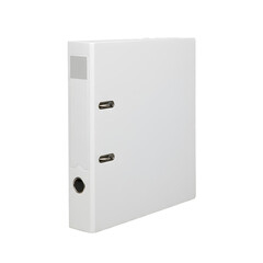 A professional white lever arch file for efficient document organization and office storage, featuring a durable spine with a finger hole and metal rings on a transparent background.