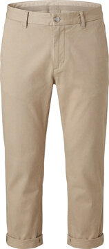Sand-colored chinos with a cropped length and rolled-up cuffs