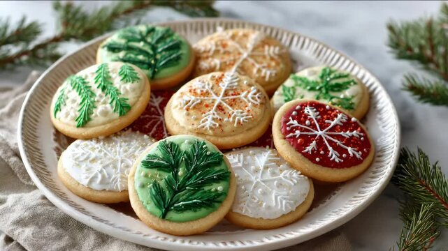 Christmas sugar cookies with festive icing displayed on ceramic plate in cozy setting. Classic Sugar Cookie Decorating. concept of Christmas dessert treats