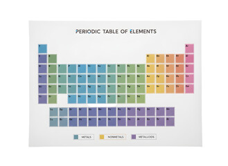 A colorful periodic table of elements educational chart for chemistry students featuring color-coded sections for metals, nonmetals, and metalloids on a clean white background.