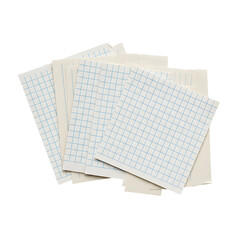 A scattered stack of square blue grid graph paper sheets and blank notepaper pieces isolated on a transparent background, perfect for school, office stationery, and technical drawing layout designs.