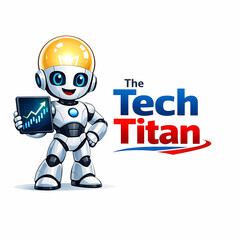 Fototapeta premium Futuristic Tech Titan robot mascot with digital tablet and metallic shine, symbolizing innovation, intelligence, and the limitless evolution of technology and modern creativity