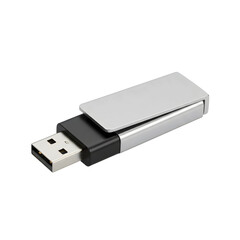 Professional silver and black USB flash drive with a rotating metal swivel cover isolated on a white background, ideal for secure data storage, digital file transfer, and portable backup.