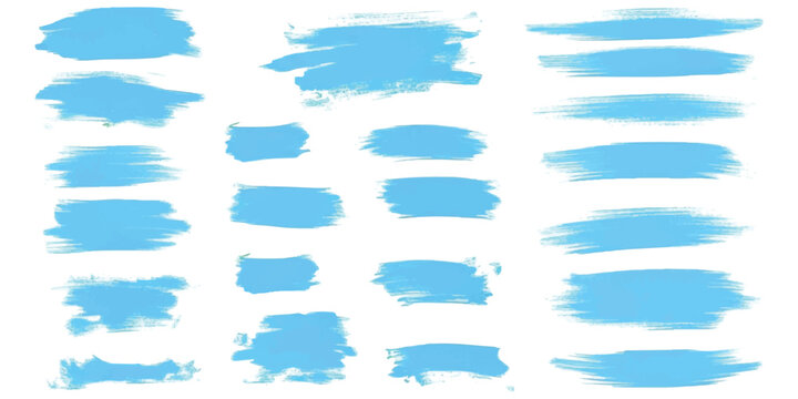 A collection of various light blue paint brush strokes in a grunge style on a white background