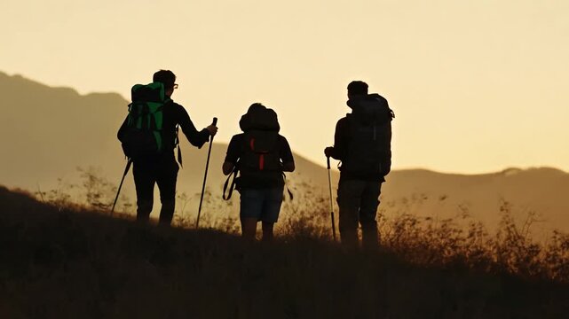 Silhouette of three hikers with backpacks. People walking on mountain trail at sunset. Hikers with trekking poles. Landscape with hills and yellow sky. Silhouette of tourists. Vector or