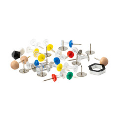 A diverse collection of colorful push pins and metal thumbtacks featuring plastic, wooden, and clear heads scattered on a white background, ideal for office supplies and stationery organization.