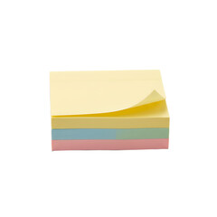 Stack of colorful sticky notes in yellow, blue, green, and pink, perfect for office supplies and organization, featuring a curled top memo pad on a clean white background for reminders.