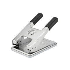 Professional heavy-duty silver metal hole puncher featuring ergonomic black handles, a durable office stationery tool for organizing documents, isolated on a white background for commercial use.