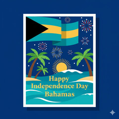 Bahamas Independence Day Greeting with Flag and Fireworks over Tropical Beach