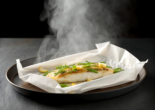 Baked fish in parchment paper with steam, lemon, herbs, moody closeup
