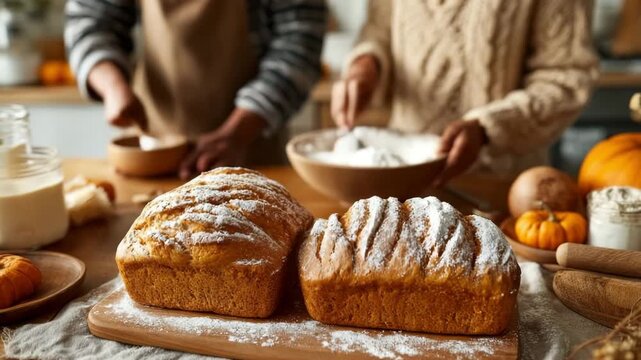 Homemade pumpkin bread with ingredients and autumn decor on rustic background. Baking Pumpkin Bread. concept of home baking and fall warmth