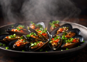 Fototapeta premium Steaming mussels in spicy red sauce with herbs, dark moody closeup 