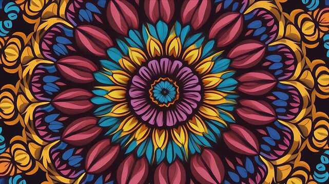 Vibrant floral mandala design with colorful petals and intricate patterns