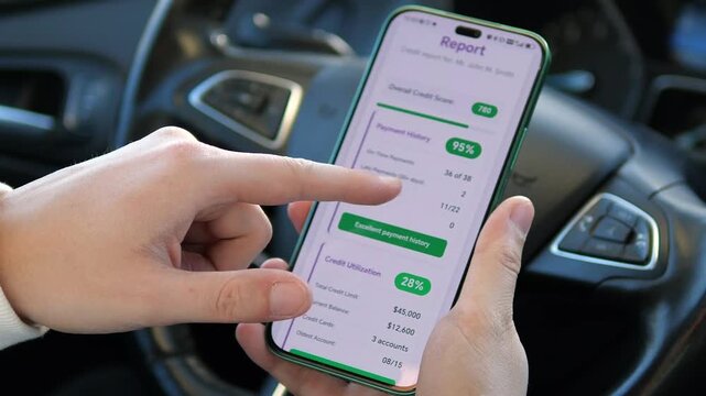Modern banking app interface showing a person checking creditworthiness on the go. Scrolling through payment history and utilization stats. Essential footage for personal finance, debt management, and