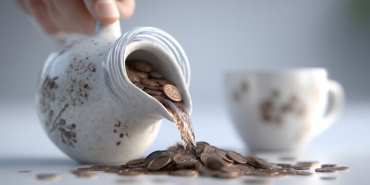 Clean studio 3D scene of hand pouring sales coins into revenue jar representing total income from sales.