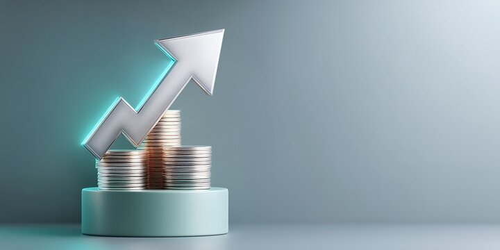 Minimalist 3D pedestal with arrow and coins symbolizing profit and financial gain after expenses, clean neon lighting.