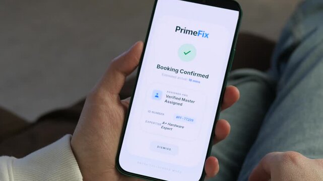 Close-up of mobile app confirming service request with certified technician and arrival time. Fast online booking, trusted home maintenance and smart living solution. Perfect for technology marketing