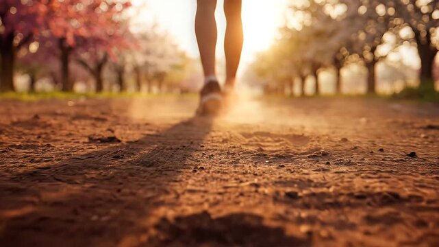 Woman Running on Dirt Path Through Vibrant Blooming Trees at Sunset, Captured in Slow Motion, Symbolizing Freedom and Joy