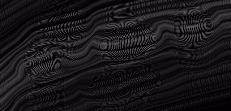 Abstract black topographic background with wavy distorted lines and grainy noise texture