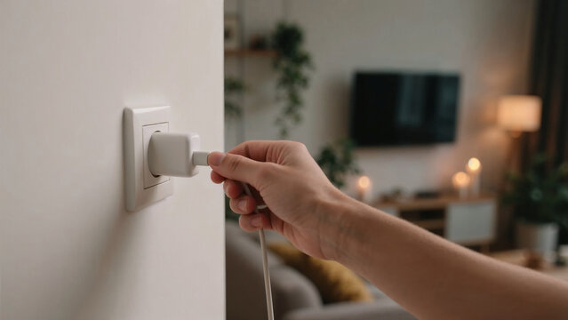 Close up of a hand plugging a white phone charger into a wall power outlet on a wall.