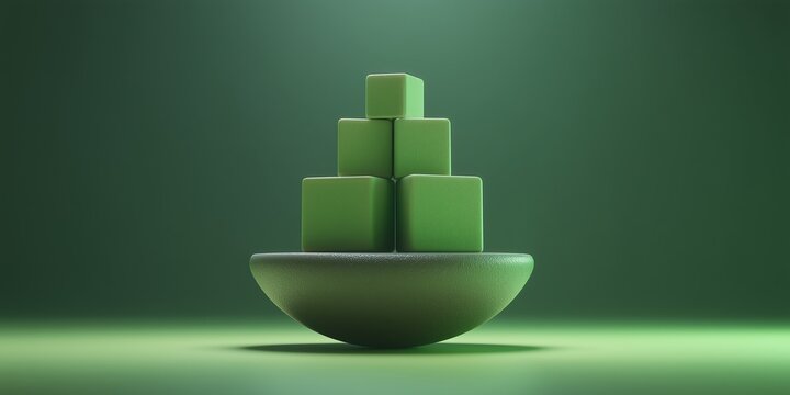 3D balance sheet split showing green asset tower versus liabilities blocks, clean divider line, studio lighting detail.