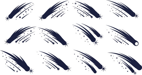 Comet meteor falling star flat vector silhouette set © Charutha